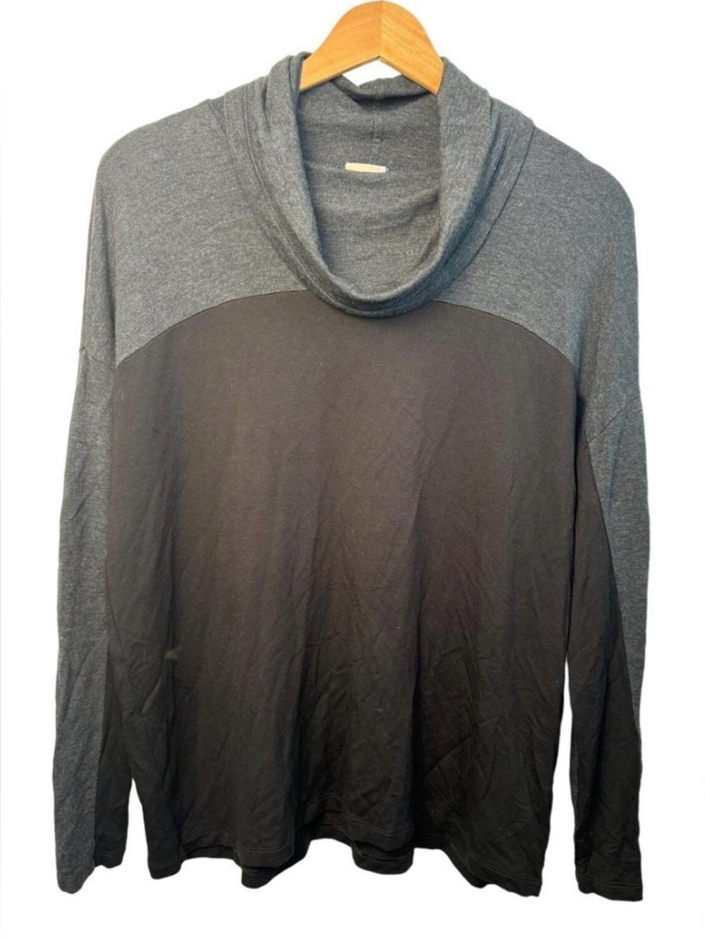 CAbi Two-Tone Cowl Neck Top in Heather Gray and Black